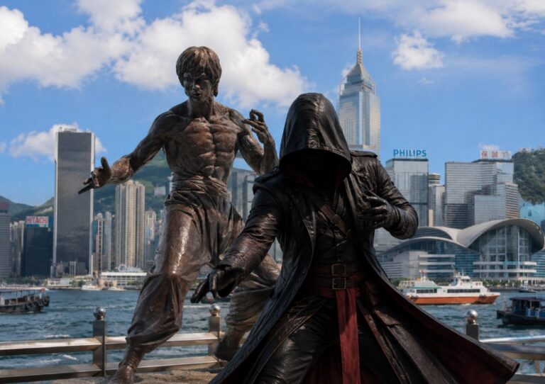 Like a Dragon Komby Be Water — personnage Komby Dot IO face à Bruce Lee à Hong Kong : fluidité pour construire